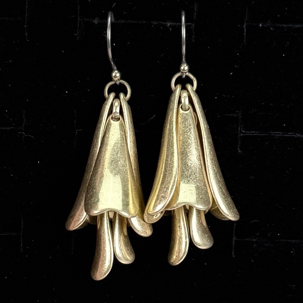 Aged Goldtone Floral Dangle Pierced Earrings with Smooth Finish